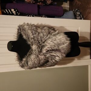 Faux Silver Fox Fur Wrap with Gorgeous Brooch Worn Once